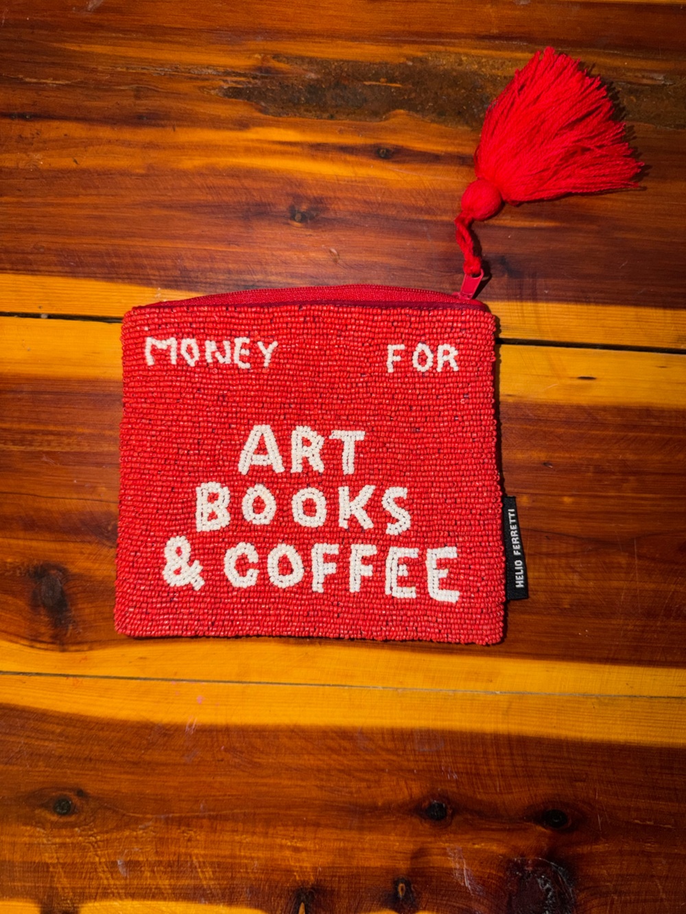 Red Beaded Wristlet pouch - Art, Books & Coffee